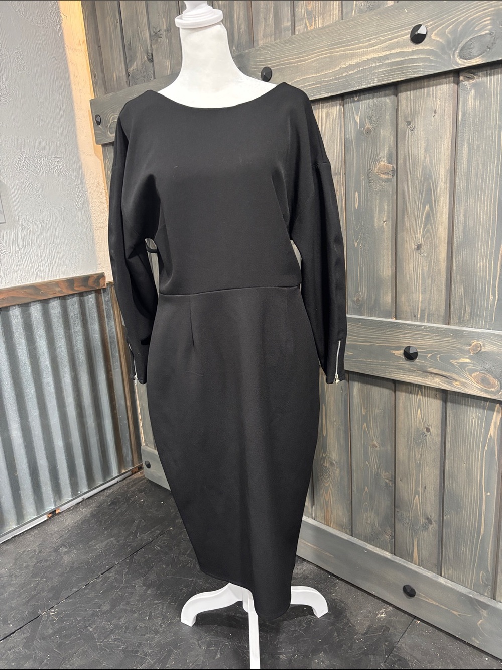 ASOS Black Long Sleeve Midi Sheath Dress w zipper detail sleeve